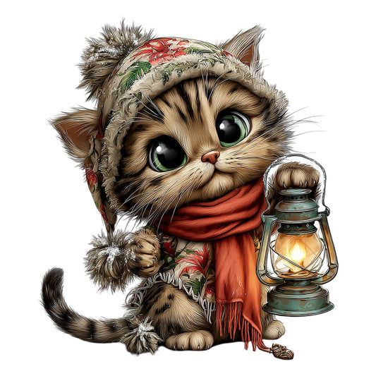 cat, winter, holiday, christmas, festive, lantern, cute animals, whimsical, vintage, striped hat, red scarf, cozy, warm tones, brown, cream, red, green, gold, decorative lantern, seasonal, frost, snow, charming, folk art style, traditional, cozy nights, fireside, illustration art, adorable, tabby cat