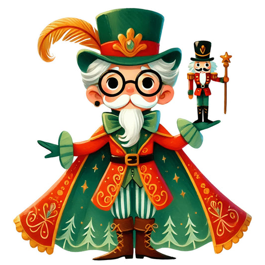forest green, red, orange, gold, cream, white, festive, holiday, christmas, nutcracker, wizard, magical, whimsical, vintage, traditional, conductor, toy soldier, stars, scrollwork, decorative, seasonal, winter, festive decor, children's, storybook, enchanted, nostalgic, ornamental, baroque, classic holiday