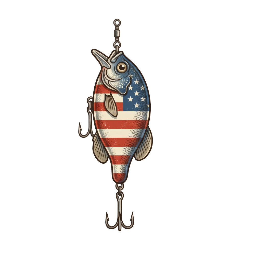 fishing lure, patriotic, american flag, red white and blue, nautical, vintage, retro, americana, fish, fishing theme, striped, stars, patriotic decor, summer, rustic, whimsical, novelty, sports fishing, tackle, bait lure, casual style, folk art, Americana design, fourth of july, independence day, memorial day, lake house, cabin decor, coastal theme