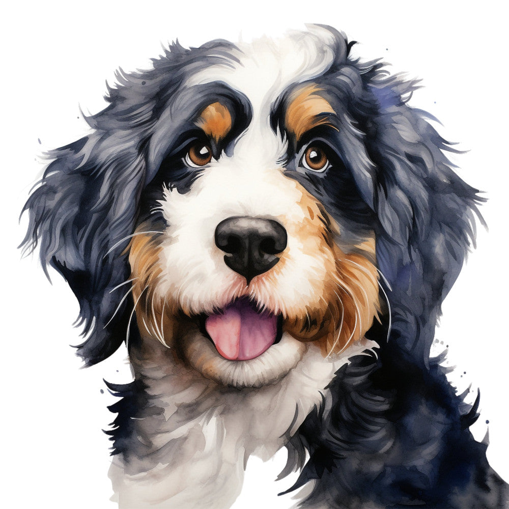 dog portrait, bernese mountain dog, tri-color dog, black white tan, navy blue, rust orange, golden brown, watercolor dog, expressive eyes, happy dog, smiling dog face, animal portrait, pet lover, dog breed, friendly face, whimsical style, modern watercolor, contemporary art, dog illustration, cute animals, playful expression, tongue out, loyal companion, gift for dog lovers, pet themed, realistic dog, artistic pet, home decor, wall art