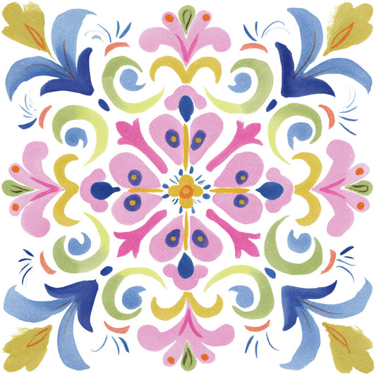 pink floral, navy blue, sage green, yellow, coral, whimsical, symmetrical, mandala, folk art, traditional, botanical, heart motifs, scrollwork, decorative, spring, summer, vibrant, colorful, damask-inspired, ornamental, petal design, centered medallion, multi-color, bright, cheerful, bohemian, vintage-inspired, wall hanging, home decor, pale yellow