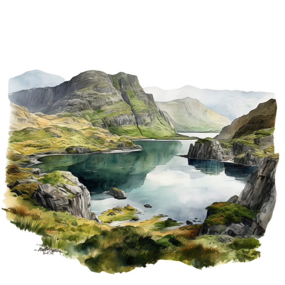 landscape, mountain scenery, lake, water, nature, scenic, turquoise water, emerald green, moss green, sage green, teal blue, gray stone, charcoal, golden yellow, cream, soft blue, pastoral, realistic illustration, artistic landscape, outdoor scene, hiking, wilderness, european countryside, valley, rock formations, columnar basalt, serene, peaceful, traditional style, watercolor effect