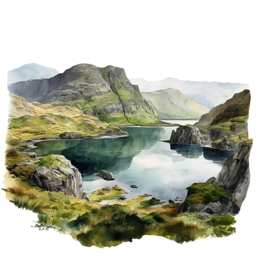 landscape, mountain scenery, lake, water, nature, scenic, turquoise water, emerald green, moss green, sage green, teal blue, gray stone, charcoal, golden yellow, cream, soft blue, pastoral, realistic illustration, artistic landscape, outdoor scene, hiking, wilderness, european countryside, valley, rock formations, columnar basalt, serene, peaceful, traditional style, watercolor effect