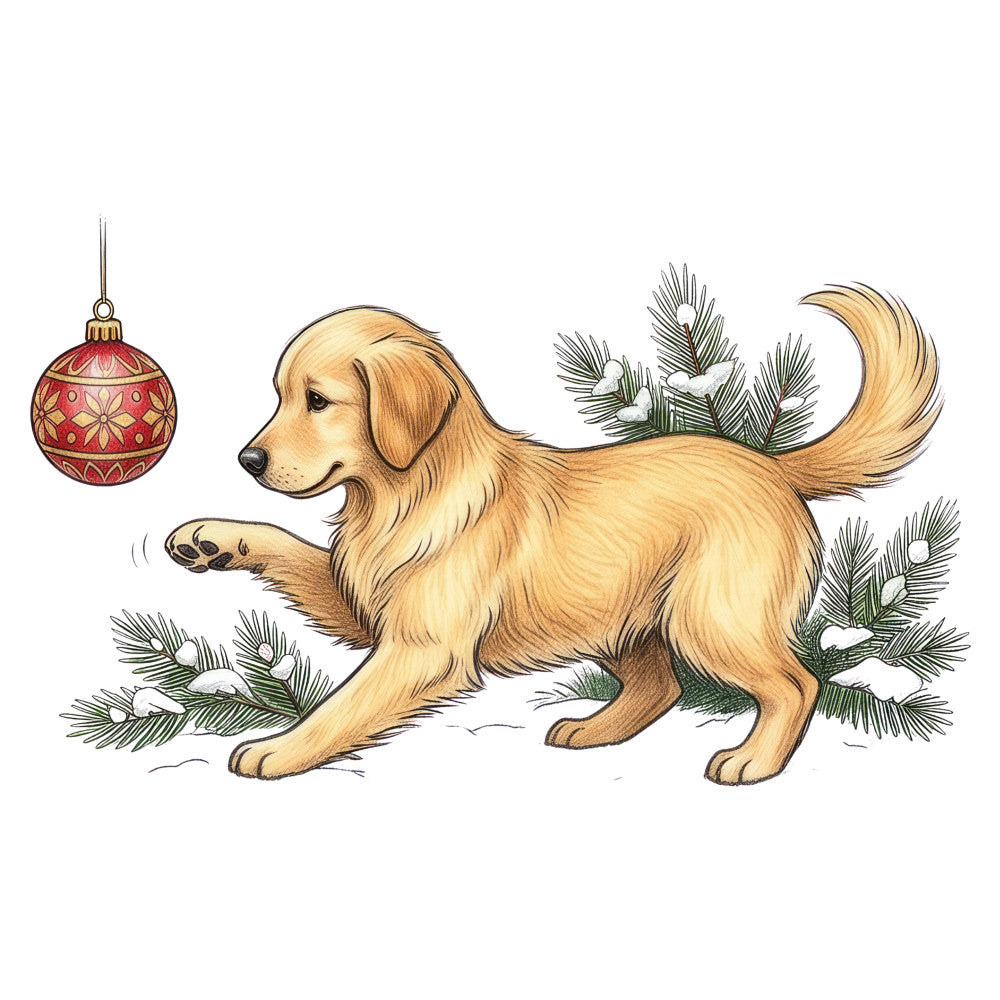 golden retriever, cream, gold, red, evergreen, holiday, christmas, dog, animals, pets, festive, ornament, winter, nature, whimsical, playful, traditional, seasonal, pine branches, decorative, gift-worthy, family-friendly, cheerful, elegant, illustrated, novelty, home decor, festive theme