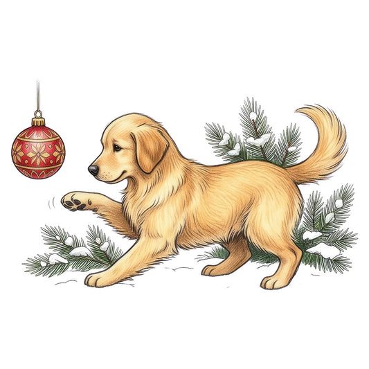 golden retriever, cream, gold, red, evergreen, holiday, christmas, dog, animals, pets, festive, ornament, winter, nature, whimsical, playful, traditional, seasonal, pine branches, decorative, gift-worthy, family-friendly, cheerful, elegant, illustrated, novelty, home decor, festive theme
