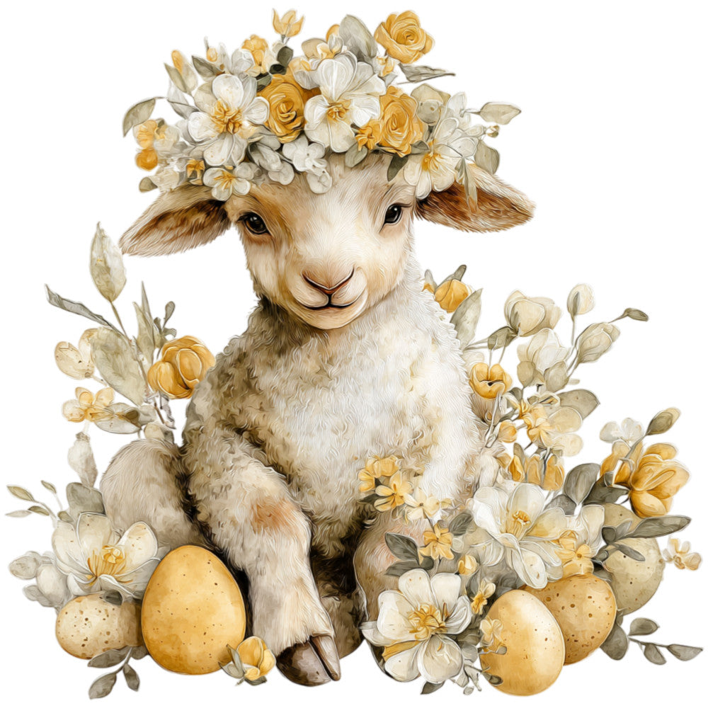 cream lamb, white lamb, golden yellow, cream white, soft gold, butter yellow, warm beige, tan, sage green, floral, botanical, roses, daisies, spring flowers, easter, spring, whimsical, farmhouse, rustic, elegant, pastoral, nature, animals, baby animals, lamb illustration, eggs, golden eggs, vintage style, sweet, gentle