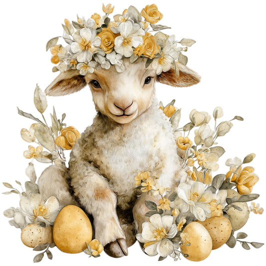 cream lamb, white lamb, golden yellow, cream white, soft gold, butter yellow, warm beige, tan, sage green, floral, botanical, roses, daisies, spring flowers, easter, spring, whimsical, farmhouse, rustic, elegant, pastoral, nature, animals, baby animals, lamb illustration, eggs, golden eggs, vintage style, sweet, gentle