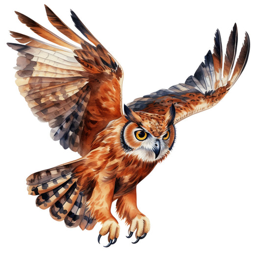 watercolor, owl, flying owl, spread wings, orange, brown, cream, black, white, yellow eyes, realistic bird, nature art, wildlife, feathers, fabric panel, quilting cotton, bird motif, earth tones, russet, amber