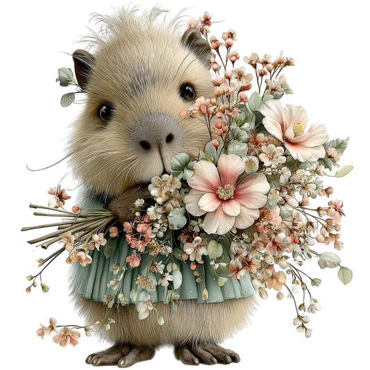 guinea pig, woodland animals, floral, nature, whimsical, cute animals, spring, pastel colors, cream, beige, soft pink, coral pink, sage green, dusty rose, botanical, flowers, daisies, baby animals, children's, nursery, gentle, sweet, adorable, vintage floral, farmhouse, cottage core, wall hanging, baby quilt, gentle colors, delicate flowers