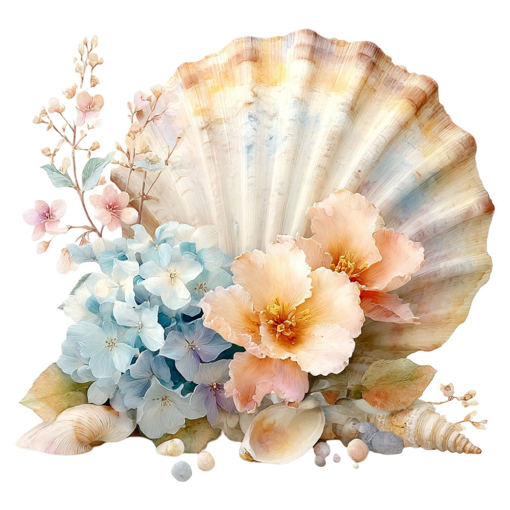 seashell, coastal, beach, ocean, botanical, floral, peach, cream, ivory, dusty blue, sage green, blush pink, coral pink, watercolor, delicate, elegant, vintage, romantic, nature, shells, flowers, pastel, soft, spring, summer, whimsical, feminine, seaside, decorative, wall hanging