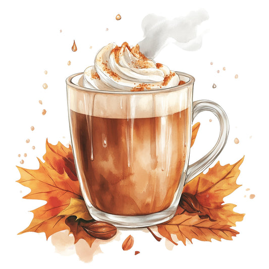 autumn, fall, coffee, latte, beverage, whipped cream, cinnamon, cozy, warm, brown, cream, tan, beige, orange, rust, seasonal, thanksgiving, harvest, hot drink, spiced, comfort, rustic, whimsical, illustration, food, leaves, maple leaves, autumn leaves, warm tones