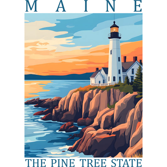 maine, lighthouse, rocky coastline, sunset sky, ocean waves, pine trees, white lighthouse, orange cliffs, blue water, coastal scene, new england, pine tree state, fabric panel, quilting cotton, travel poster style, vintage illustration, seascape, maritime theme, rugged cliffs, evergreen trees