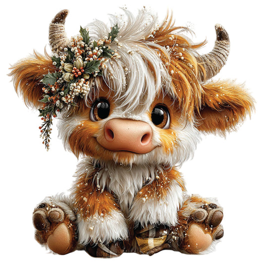 christmas, highland cow, fabric panel, brown, orange, cream, white, furry texture, floral crown, holly berries, winter decorations, cute animal, sitting pose, big eyes, horns, festive, seasonal, quilting cotton, crafting material, holiday theme