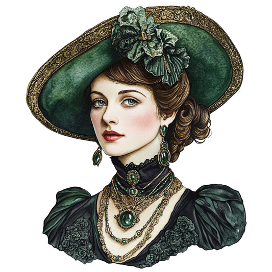 forest green, emerald green, sage green, dark green, gold, bronze, cream, ivory, black, vintage, victorian, elegant, portrait, woman, hat, wide-brimmed hat, feather hat, cameo, jewelry, brooch, necklace, earrings, ornate, decorative, nostalgic, retro, fashion illustration, historical, period costume, steampunk