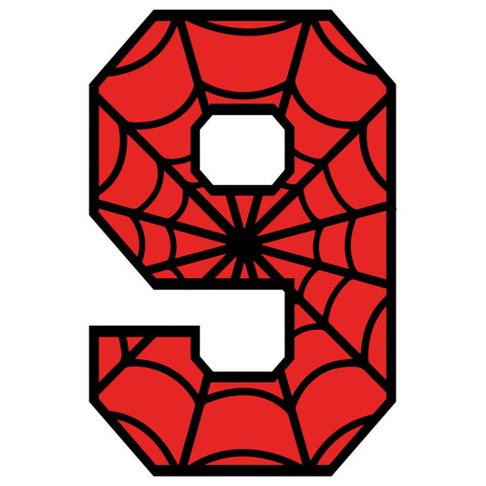 red, black, spider web, number nine, alphabet panel, superhero theme, comic book style, geometric pattern, fabric panel, quilting cotton, children's fabric, bold colors, web design, octagon shape, craft supplies, sewing material, applique fabric, bright red, contrasting colors