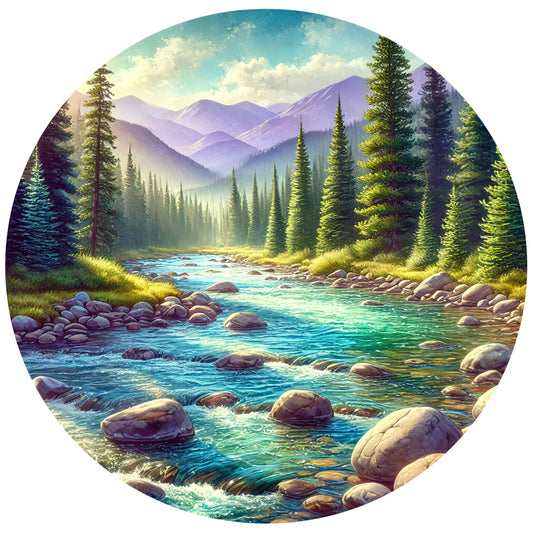 turquoise, teal, purple mountains, evergreen trees, rocky stream, landscape scene, nature panel, circular panel, mountain vista, pine forest, flowing water, boulder rocks, misty atmosphere, outdoor scenery, wilderness theme, fabric panel, quilting cotton, scenic print, tranquil mood, alpine setting