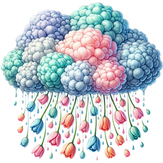 cloud, pastel pink, soft blue, mint green, lavender, peach, tulips, floral, nature, whimsical, dreamy, fantasy, magical, raindrops, hanging flowers, spring, cheerful, cottage core, botanical, elegant, soft colors, gradient, three-dimensional, dimensional, decorative, artistic, colorful, delicate, romantic, garden theme