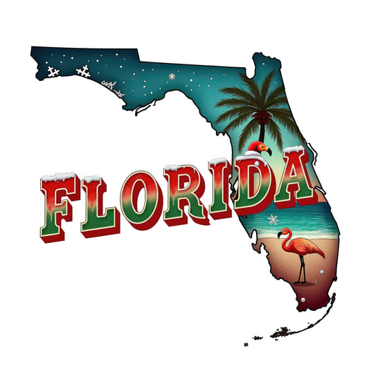 Christmas US States Fabric Panel 42 featuring a Florida map with palm trees, flamingos, snowflakes, and festive lettering on premium cotton.