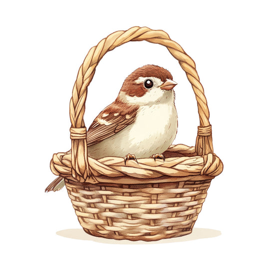 bird, brown, cream, tan, beige, woven basket, animal, nature, woodland, rustic, whimsical, spring, cottage core, farmhouse, baby, nursery, illustration, vintage, sweet, adorable, cute, sparrow, perched, straw basket, natural tones, cozy, traditional, wall hanging, baby quilt, easter