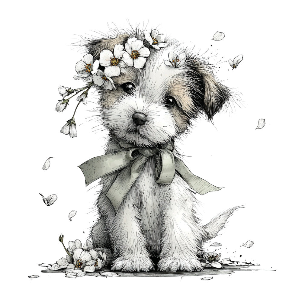 puppy, dog, white dog, black and white, gray, cream, beige, tan, floral, flowers, white flowers, spring, nature, animals, pets, cute, whimsical, gentle, botanical, ribbon bow, sweet, nursery, baby, children's, vintage style, illustration, sketch art, delicate, feminine, pastoral