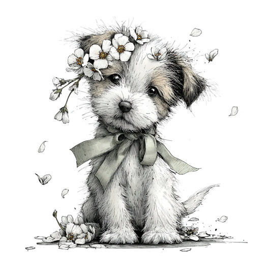 puppy, dog, white dog, black and white, gray, cream, beige, tan, floral, flowers, white flowers, spring, nature, animals, pets, cute, whimsical, gentle, botanical, ribbon bow, sweet, nursery, baby, children's, vintage style, illustration, sketch art, delicate, feminine, pastoral