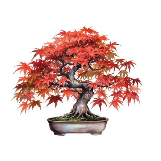 bonsai tree, japanese maple, autumn foliage, red leaves, orange leaves, coral colors, burgundy, twisted trunk, ceramic pot, botanical illustration, nature scene, fall colors, miniature tree, zen garden, asian inspired, fabric panel, quilting cotton, seasonal motif, artistic rendering, serene mood