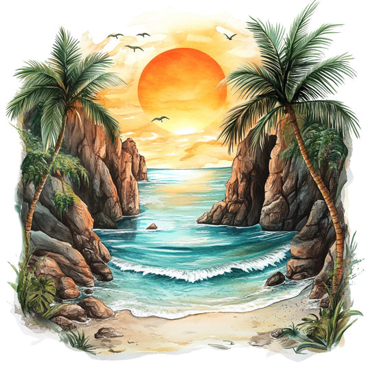tropical sunset, beach cove, palm trees, ocean waves, sandy beach, turquoise water, golden sun, rocky cliffs, seascape, nautical, coastal, summer, vacation, travel, nature, landscape, watercolor, artistic, warm colors, orange, yellow, turquoise blue, sandy tan, forest green, birds flying, tropical paradise, seaside, relaxation, exotic, bohemian