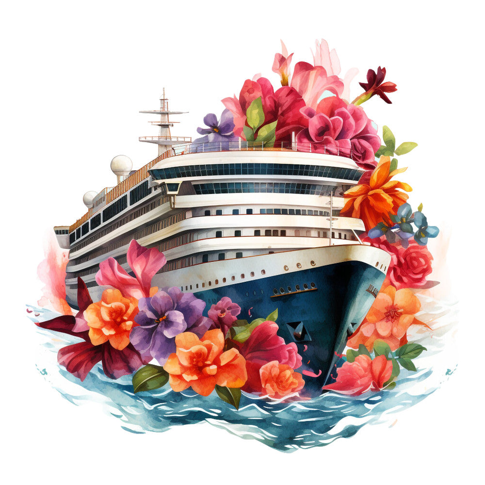 cruise ship, nautical theme, tropical flowers, pink roses, orange blooms, purple flowers, ocean waves, watercolor style, floral arrangement, maritime design, fabric panel, quilting cotton, vacation theme, travel motif, blue hull, white ship, coral colors, burgundy accents, green leaves, whimsical illustration
