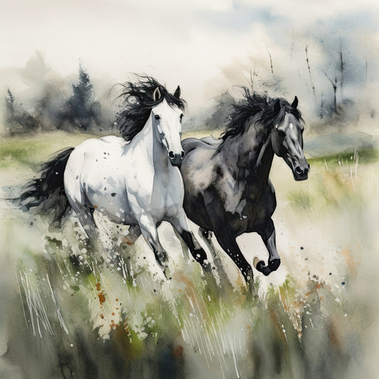 horses, running horses, white horse, black horse, watercolor, abstract watercolor, nature, animals, equestrian, misty landscape, foggy forest, pastoral, rustic, elegant, artistic, ink wash, contemporary, earth tones, sage green, charcoal gray, cream, soft colors, dreamy, peaceful, movement, dynamic, wall art, home decor, large scale print, landscape