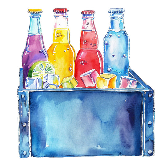colorful beverages, soda bottles, cola bottles, bright yellow, vibrant blue, coral red, purple, ice cubes, summer drinks, refreshing, whimsical illustration, modern art, watercolor style, beverage themed, drink motifs, retro diner, fun and playful, casual style, children's design, entertaining, cooler aesthetic, party theme, lemonade stand, beverage bottles, illustrative art, contemporary, colorful palette, fun prints