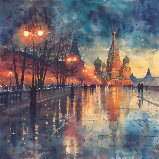 burnt orange, golden yellow, deep blue, teal, charcoal gray, warm glow, cityscape, architecture, european landmarks, historic buildings, street scene, urban landscape, winter evening, twilight, dusk, nighttime, watercolor, abstract watercolor, impressionist, romantic, atmospheric, moody, elegant, sophisticated, travel theme, destination, iconic buildings, cathedral, street lamps, wet pavement