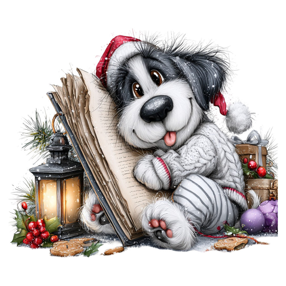 dog, puppy, christmas, holiday, winter, black and white, red, purple, gray, festive, whimsical, cute, adorable, seasonal, lantern, berries, ornaments, sweater, santa hat, cozy, magical, cheerful, illustration, storybook, vintage, rustic, children's, animals, snow
