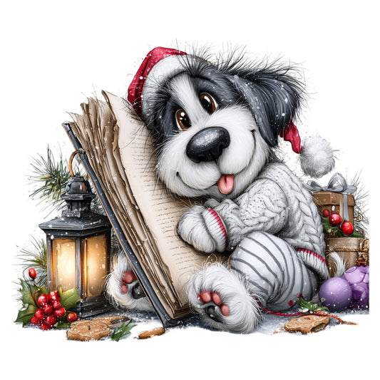 dog, puppy, christmas, holiday, winter, black and white, red, purple, gray, festive, whimsical, cute, adorable, seasonal, lantern, berries, ornaments, sweater, santa hat, cozy, magical, cheerful, illustration, storybook, vintage, rustic, children's, animals, snow