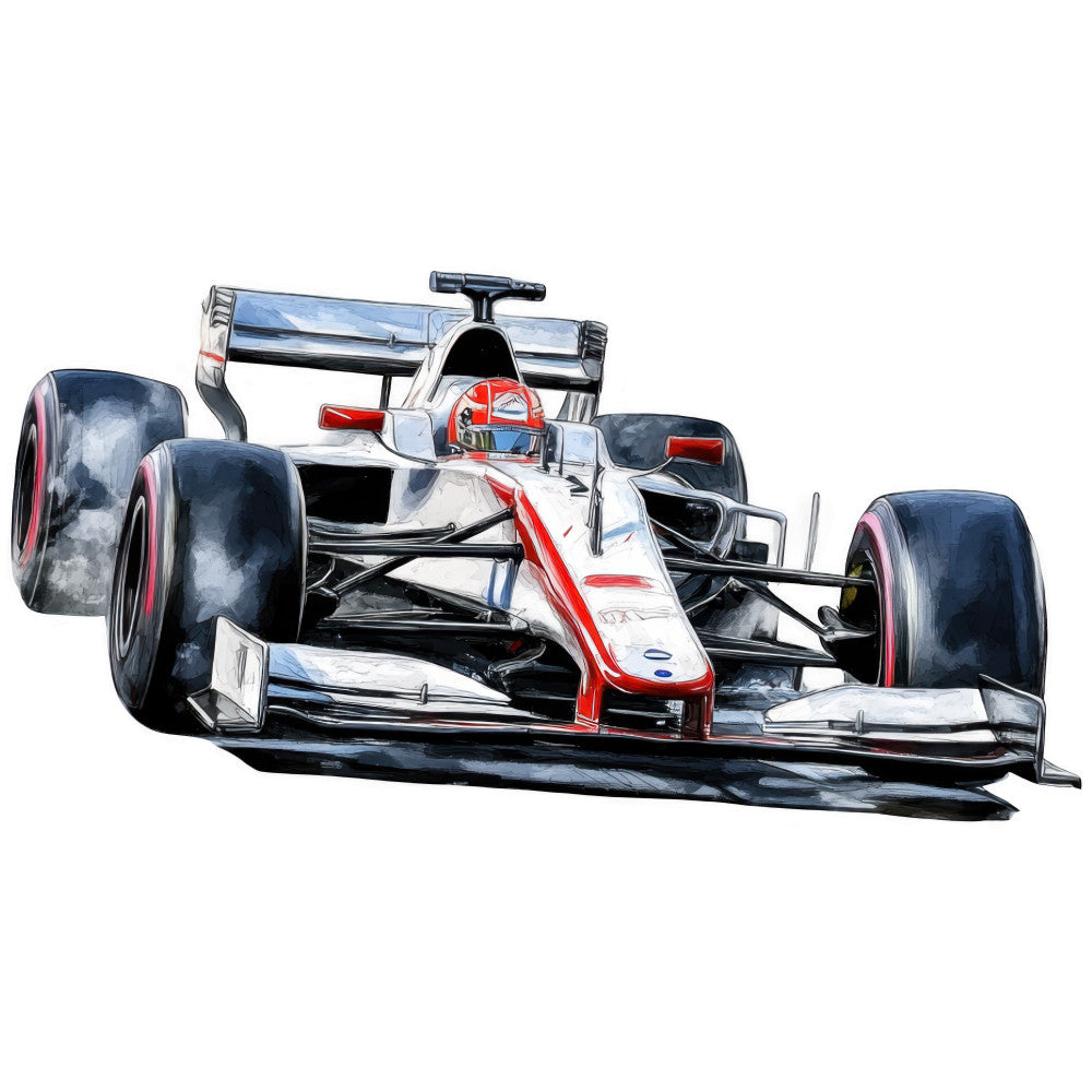watercolor, formula one, racing car, white, red, black, gray, blue, motorsports, speed, vehicle, fabric panel, automotive, sleek design, modern art, racing helmet, wheels, aerodynamic, sporty, illustration style