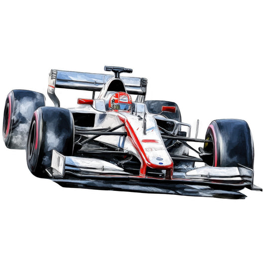 watercolor, formula one, racing car, white, red, black, gray, blue, motorsports, speed, vehicle, fabric panel, automotive, sleek design, modern art, racing helmet, wheels, aerodynamic, sporty, illustration style