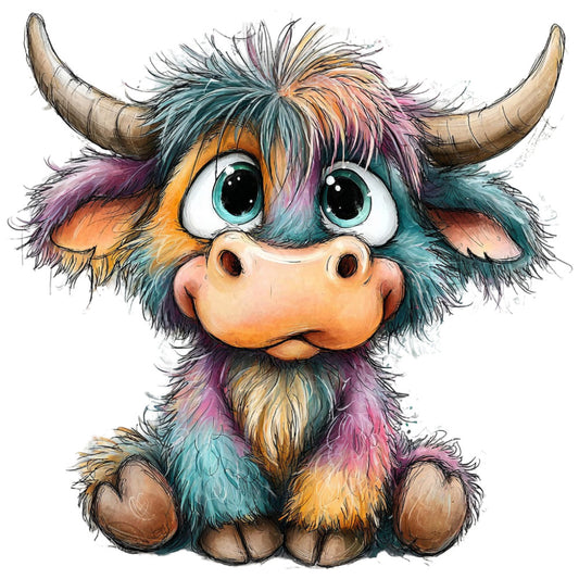 multicolor, turquoise, teal, orange, purple, pink, cream, whimsical, cute, animals, highland cattle, cow, bull, horns, fuzzy, furry, playful, children's, kids, nursery, baby, cartoon, character, colorful, vibrant, illustrated, art, fun, quirky