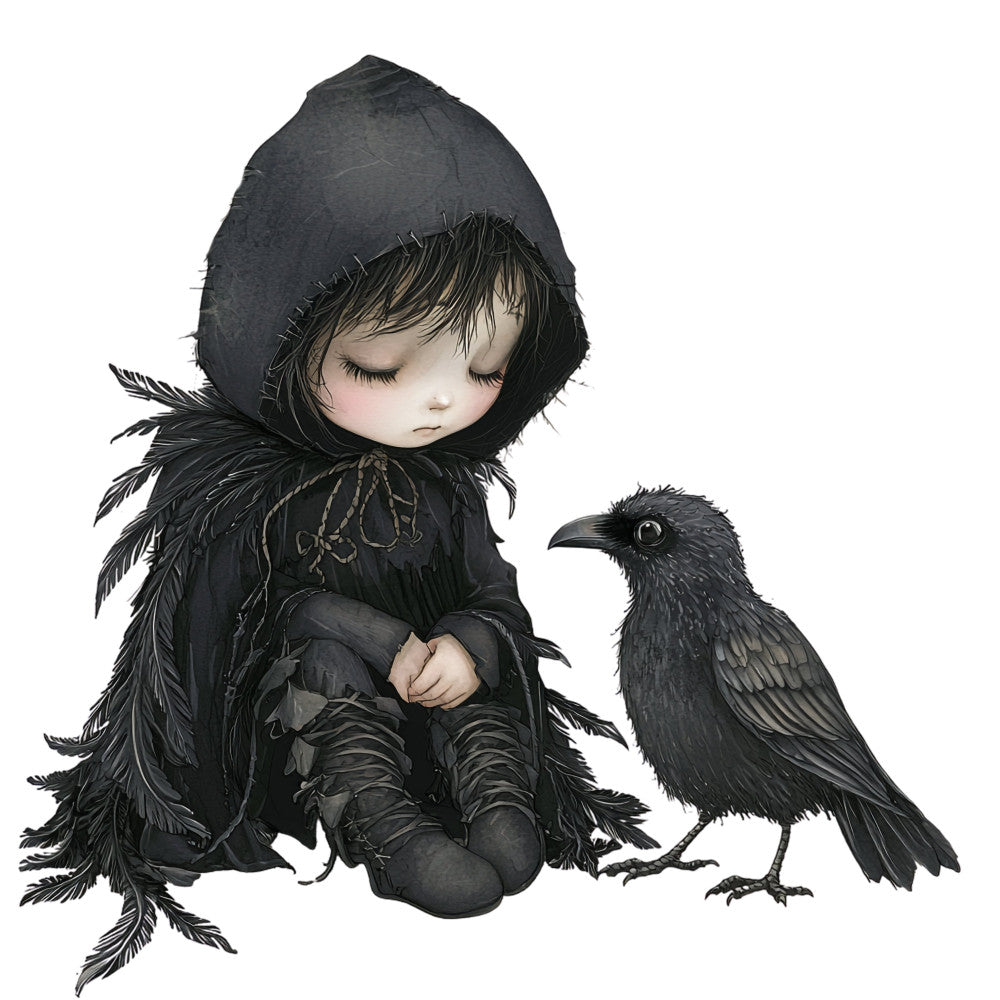 black, charcoal gray, pale skin tone, gothic, dark fantasy, whimsical, melancholic, girl with bird, raven, crow, feathered wings, hooded cloak, moody, mysterious, ethereal, storybook illustration, fairytale, birds, nature, autumn, gothic style, elegant, contemplative, fantasy art, decorative panel, wall hanging, art quilt, children's illustration, dark romantic