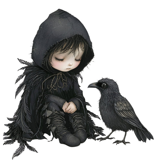 black, charcoal gray, pale skin tone, gothic, dark fantasy, whimsical, melancholic, girl with bird, raven, crow, feathered wings, hooded cloak, moody, mysterious, ethereal, storybook illustration, fairytale, birds, nature, autumn, gothic style, elegant, contemplative, fantasy art, decorative panel, wall hanging, art quilt, children's illustration, dark romantic