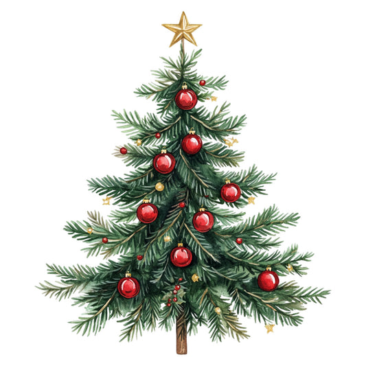 christmas tree, holiday, festive, red ornaments, gold star, evergreen, forest green, traditional, elegant, winter, seasonal, red and gold, christmas, decorative, nature, botanical, red baubles, gold accents, classic, timeless, vintage style, rustic, celebration, december, yuletide, conifer branches, metallic gold, crimson red, dark green, tree topper star