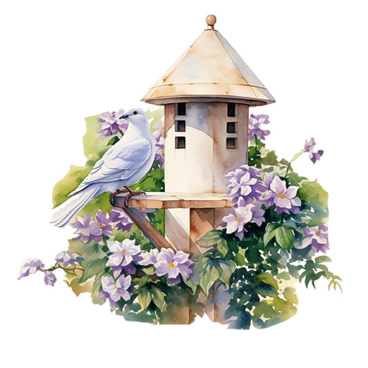 Spring White Doves Fabric Panel 8 featuring a white dove perched on a rustic birdhouse surrounded by purple flowers.