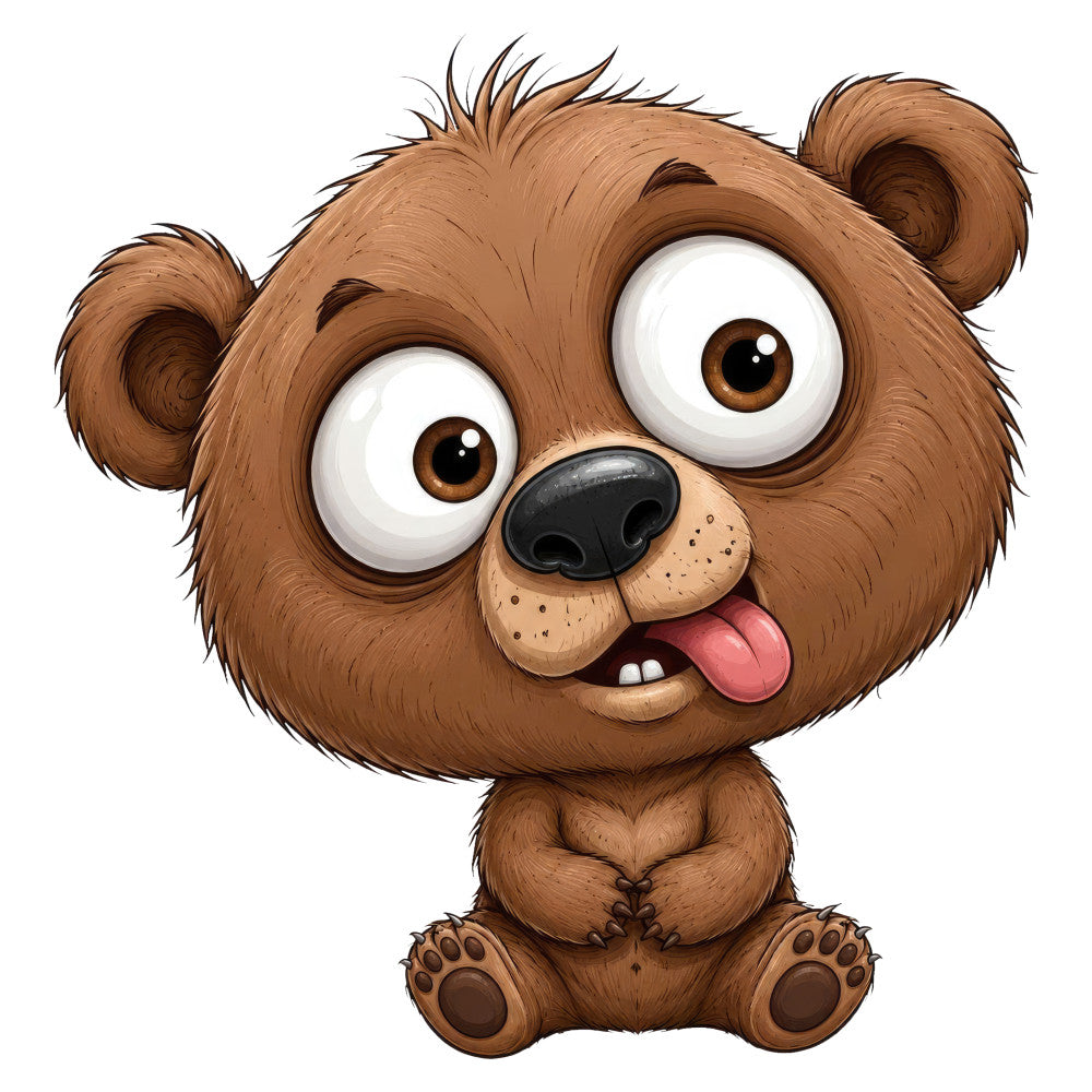 brown, tan, cream, chocolate brown, cute, cartoon, whimsical, playful, animals, bear, teddy bear, children's, kids, baby, nursery, storybook, fun, friendly, wide-eyed expression, tongue out, happy, joyful, character panel, illustration, juvenile, charming, endearing, young children