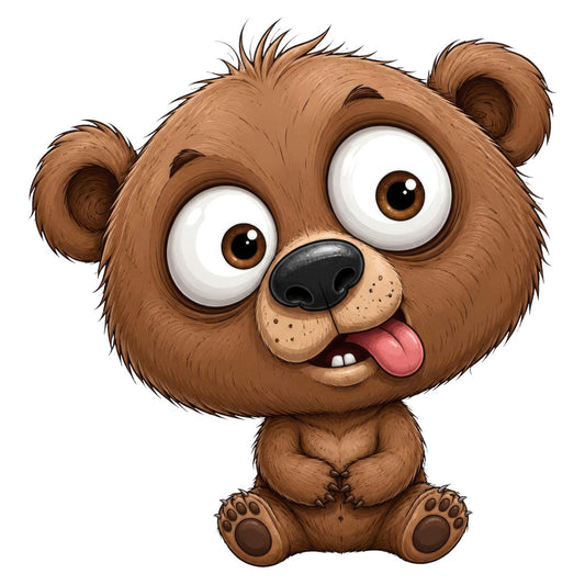brown, tan, cream, chocolate brown, cute, cartoon, whimsical, playful, animals, bear, teddy bear, children's, kids, baby, nursery, storybook, fun, friendly, wide-eyed expression, tongue out, happy, joyful, character panel, illustration, juvenile, charming, endearing, young children