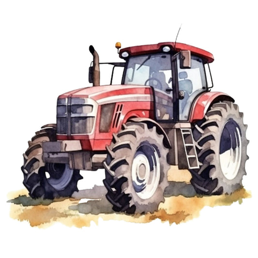 watercolor style, red tractor, farm equipment, agricultural machinery, soft pastels, muted colors, coral red, dusty pink, gray tones, beige accents, large tires, cab windows, farming theme, rural scene, fabric panel, quilting cotton, children's decor, transportation motif, country living, vehicle illustration
