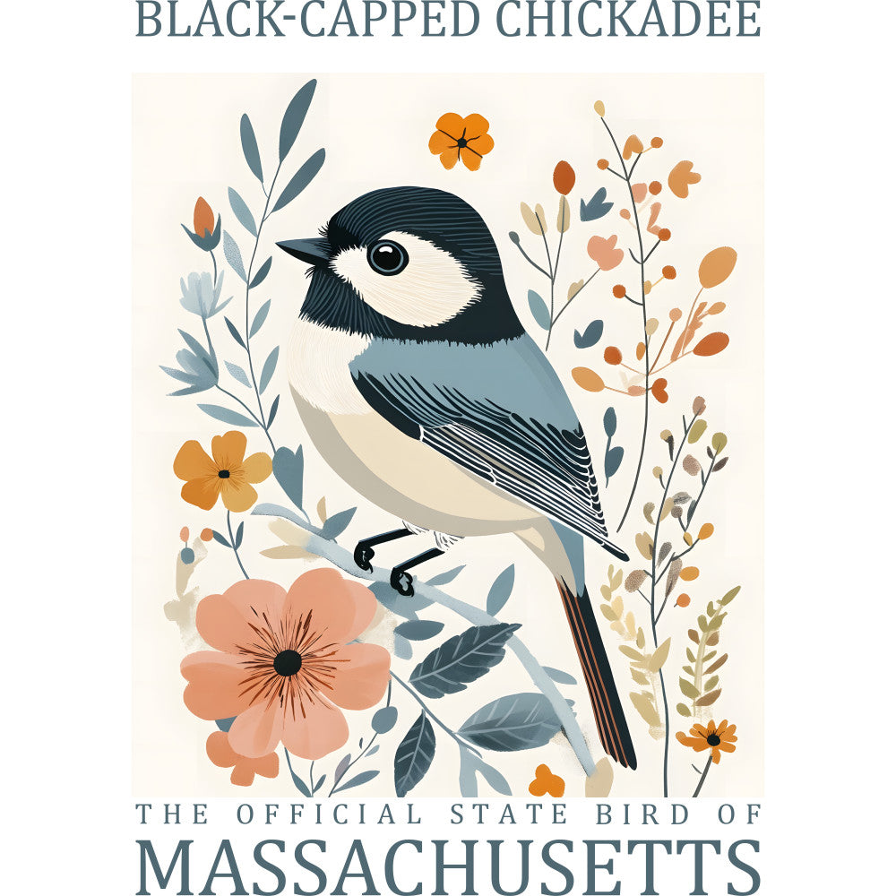 black-capped chickadee, state bird, massachusetts, botanical floral, orange flowers, peach blooms, blue-gray feathers, black cap, white cheeks, nature illustration, fabric panel, quilting cotton, folk art style, vintage poster, bird watching, spring flowers, leafy branches, decorative berries, pastel palette, wildlife art