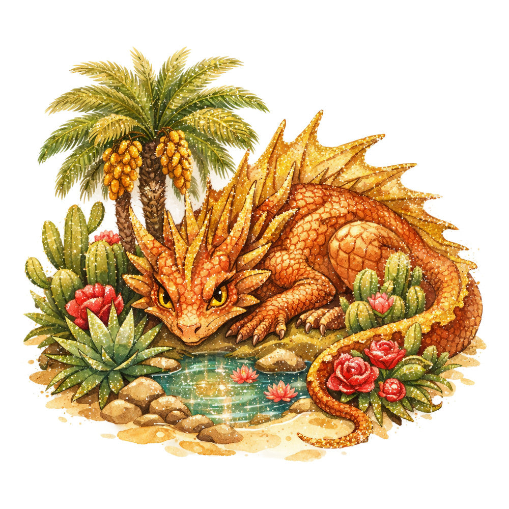 dragon, fantasy, magical, orange, gold, yellow, rust, coral pink, sage green, desert, oasis, water, pond, palm tree, date palm, cacti, succulents, flowers, roses, whimsical, mystical, adventure, nature, tropical, exotic, scales, creature, mythical, illustration art, storybook