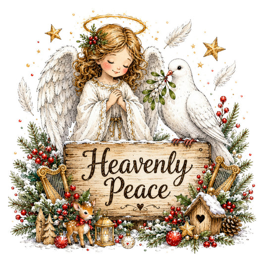 heavenly peace, angel, white dove, gold halo, christmas, holiday, winter, religious, spiritual, celestial, stars, feathers, mistletoe, red berries, cream white, gold accents, rustic wood, vintage, whimsical, elegant, peaceful, nativity, nativity scene, reindeer, bell, lantern, heart motifs, snow, pine branches, decorative
