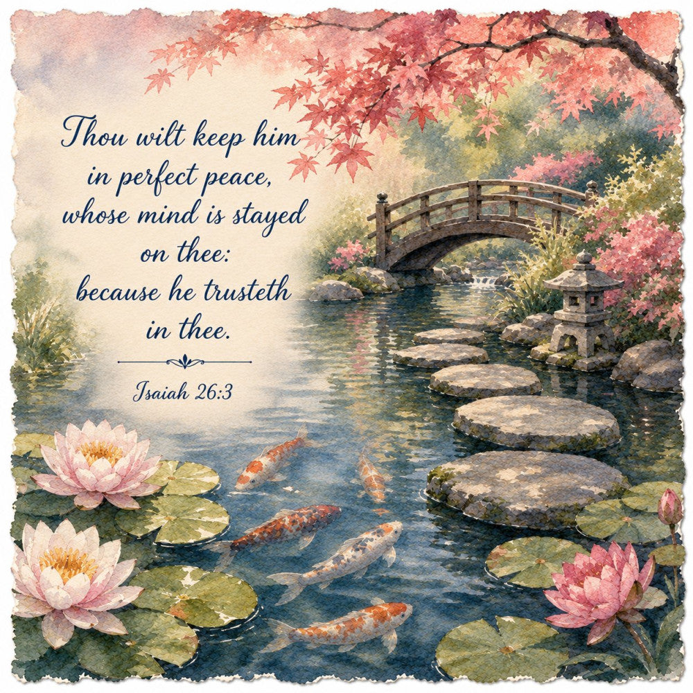 autumn leaves, blush pink, bridge, calm, contemplative, coral, fall colors, floral, garden, gold accents, inspirational, japan-inspired, koi fish, landscape, lily pads, mauve, nature scene, peaceful, religious, salmon pink, serene, soft colors, spiritual, stone lantern, teal water, traditional, tranquil, water garden, watercolor, woodland