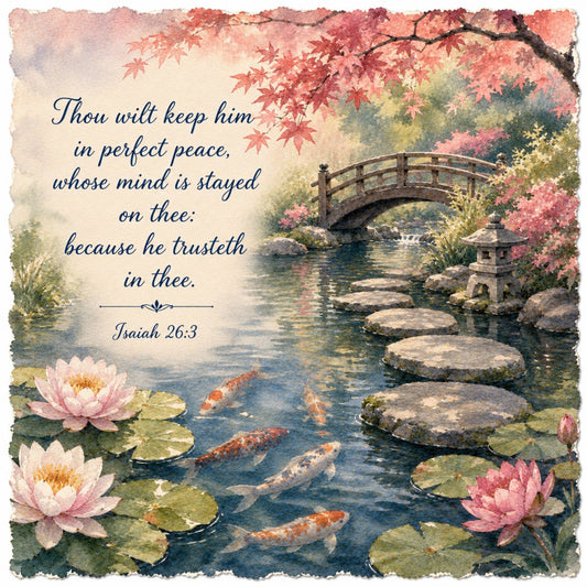 autumn leaves, blush pink, bridge, calm, contemplative, coral, fall colors, floral, garden, gold accents, inspirational, japan-inspired, koi fish, landscape, lily pads, mauve, nature scene, peaceful, religious, salmon pink, serene, soft colors, spiritual, stone lantern, teal water, traditional, tranquil, water garden, watercolor, woodland