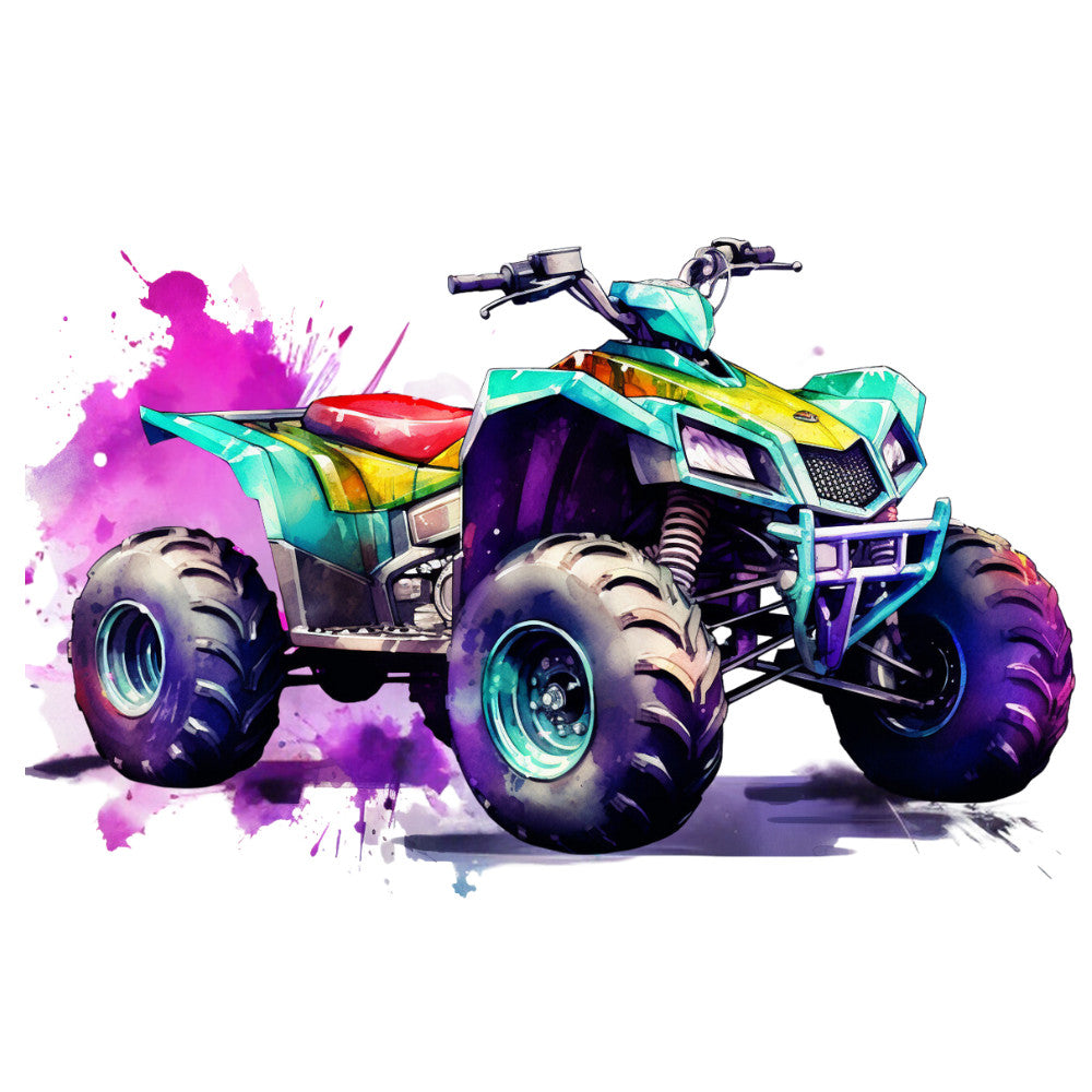 watercolor, four wheeler, atv, quad bike, purple, magenta, turquoise, yellow, teal, paint splashes, artistic, modern, vehicle, off-road, fabric panel, quilting cotton, bright colors, contemporary art, recreational vehicle, sporty design