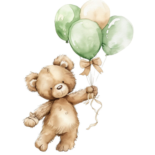 teddy bear, balloons, sage green, cream, beige, tan, soft green, pale yellow, whimsical, children's, baby, nursery, animals, cute, playful, gentle, sweet, pastel colors, balloon motif, stuffed animal, gender neutral, baby shower, baby quilt, woodland, soft and cuddly, illustration style, watercolor, child-friendly, infant, toddler